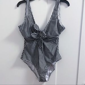 Bongo Black White Gingham Swimsuit Deep Back Tie Front One Piece L